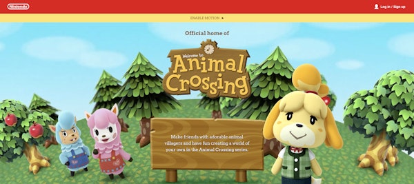 A prominent yellow banner at the top of the Animal Crossing site allows users to toggle the site animation